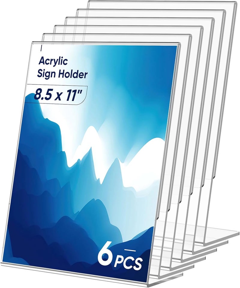 Dooiclear 6 Pack Acrylic Sign Holder 8.5x11 Inches, Clear Display Holder, L-Shape Vertical Menu Holder Stand, Flyer Display Stand, Table Paper Holder, Plastic Sign Display Stand for Restaurants, Store, Office - Image 1